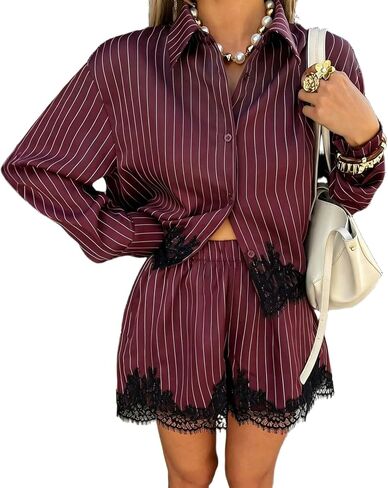 Striped Set Women 2 Piece Sets Lounge Matching Beach Vacation Clothes | 2026 Summer Fall Striped Long Sleeve Button Down Lace Shirts Tops Wide Leg Shorts Casual Fashion Treval Cruise Outfits in Kuwait