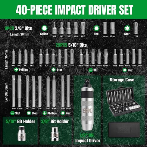 SK 1/2'' Manual Impact Driver Set, 40-Piece Heavy Duty Reversible Impact Screwdriver with 3/8''&5/16'' Bit Holders, S2 and CR-V Bits, Phillips, Slotted, Hex, Torx and Spline Bits, with Storage Case in Kuwait