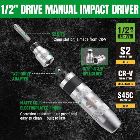 SK 1/2'' Manual Impact Driver Set, 40-Piece Heavy Duty Reversible Impact Screwdriver with 3/8''&5/16'' Bit Holders, S2 and CR-V Bits, Phillips, Slotted, Hex, Torx and Spline Bits, with Storage Case in Kuwait