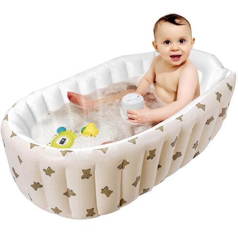 MINK Inflatable Baby Bathtub for Toddlers and Kids - Self-Inflating Design, No Pump Needed, Press Center to Inflate - Portable Collapsible Travel Baby Tub for Newborns to 36 Months(Olive Bath) in Kuwait