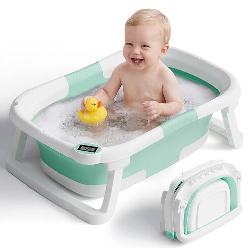Collapsible Baby Bathtub with Thermometer, 0-36 Months, Grey | Real-time thermometer, quick drain plug, double-fold storage, PP+TPE tub, portable for home and travel in Kuwait