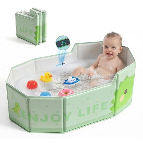 Orzbow Portable Toddler Bathtub with Temperature Sticker & Side Drain Plug | Collapsible Baby Bath Tub for Infant Kids 6 Months+ Travel, Easy to Clean, Stable & Durable, Fold to Space-Saving, Green in Kuwait