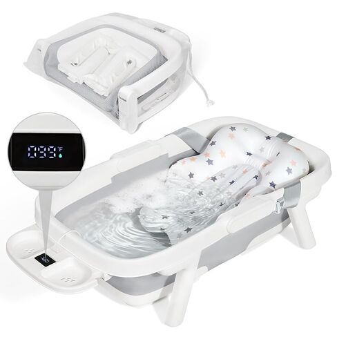 Orzbow Collapsible Baby Bathtub with Cushion & Thermometer, Large Size,Gray | Portable Travel Baby Bath Tub for for Newborn to Toddler 0-36 Months, 28x16.9 inches, Foldable for Space-Saving in Kuwait