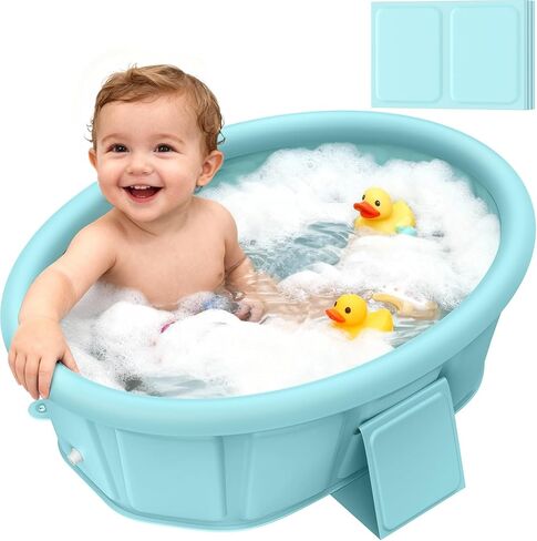Baby Bathtub with Inflatable Top Edge, Extra Stable Infant Bath Tub, Collapsible & Portable for Baby Bath Time, No Tilt Design for 12M-6Y Toddler, No Assembly for Travel Shower in Kuwait