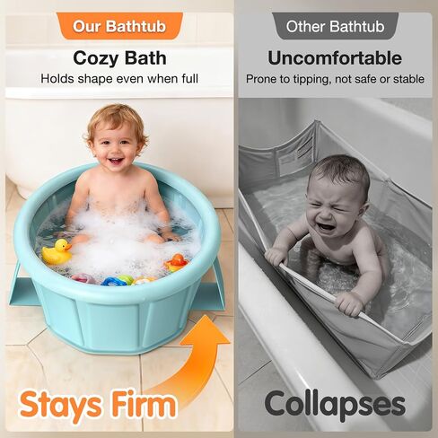 Baby Bathtub with Inflatable Top Edge, Extra Stable Infant Bath Tub, Collapsible & Portable for Baby Bath Time, No Tilt Design for 12M-6Y Toddler, No Assembly for Travel Shower in Kuwait