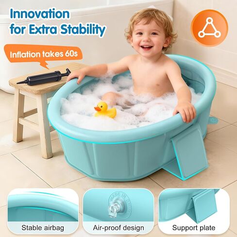 Baby Bathtub with Inflatable Top Edge, Extra Stable Infant Bath Tub, Collapsible & Portable for Baby Bath Time, No Tilt Design for 12M-6Y Toddler, No Assembly for Travel Shower in Kuwait
