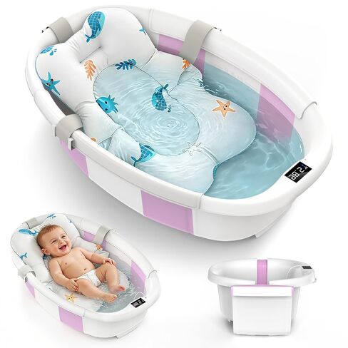 Collapsible Baby Bathtub for Newborn to Toddlers 0-36 Months, Large Baby Tub with Thermometer & Cushion, Easy Setup Foldable Travel Infant Bathtub, Newborn Babies Boy Girl Bath Tubs Grey in Kuwait