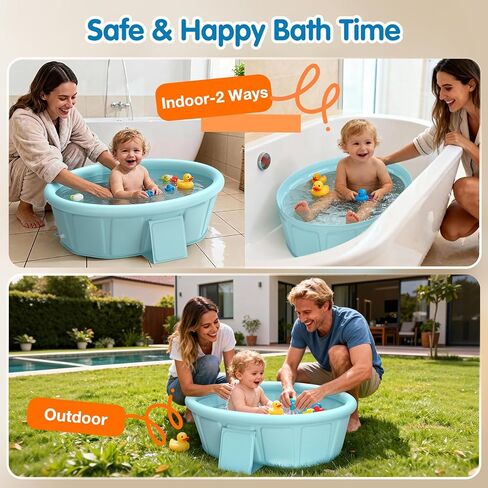 Baby Bathtub with Inflatable Top Edge, Extra Stable Infant Bath Tub, Collapsible & Portable for Baby Bath Time, No Tilt Design for 12M-6Y Toddler, No Assembly for Travel Shower in Kuwait