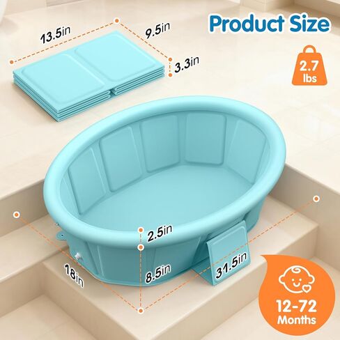 Baby Bathtub with Inflatable Top Edge, Extra Stable Infant Bath Tub, Collapsible & Portable for Baby Bath Time, No Tilt Design for 12M-6Y Toddler, No Assembly for Travel Shower in Kuwait