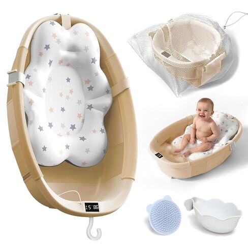 Collapsible Baby Bathtub - Large Baby Bath Tub with Thermometer | Bath Essential Bañera para Bebe Easy Fold Baby Tub | Travel Infant Newborn Toddler Bathtub for Baby Girl Boy 0 to 36 Months (Pink) in Kuwait