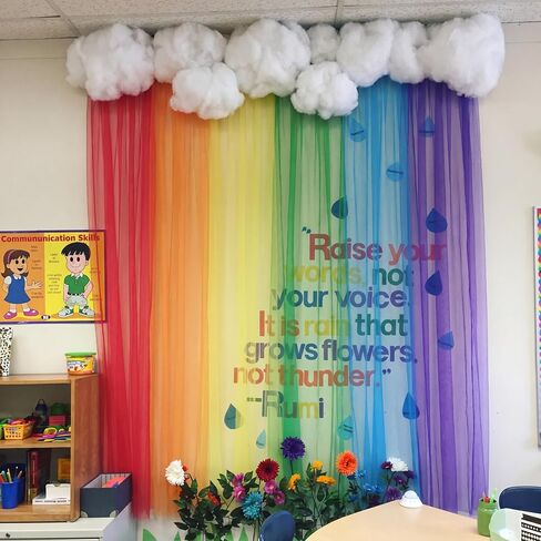 18 Pcs 51 x 63 Inch Rainbow Classroom Wall Decor Sheer Curtains with Clouds 3D Rainbow Curtain Hanging Decor Back to School Cloud Supply for First Day of School Chalkboard Wall Decorations in Kuwait