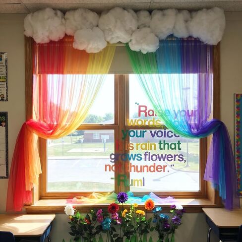 18 Pcs 51 x 63 Inch Rainbow Classroom Wall Decor Sheer Curtains with Clouds 3D Rainbow Curtain Hanging Decor Back to School Cloud Supply for First Day of School Chalkboard Wall Decorations in Kuwait