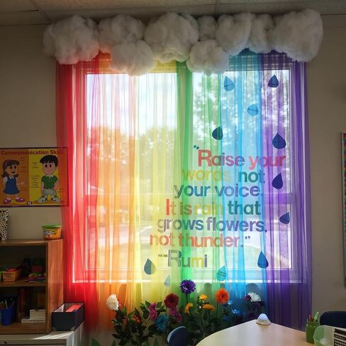 18 Pcs 51 x 63 Inch Rainbow Classroom Wall Decor Sheer Curtains with Clouds 3D Rainbow Curtain Hanging Decor Back to School Cloud Supply for First Day of School Chalkboard Wall Decorations in Kuwait