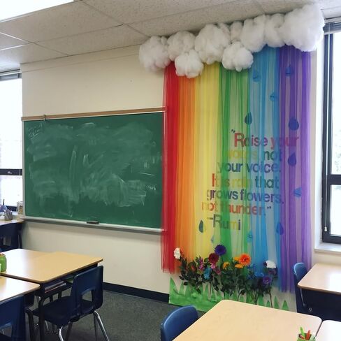 18 Pcs 51 x 63 Inch Rainbow Classroom Wall Decor Sheer Curtains with Clouds 3D Rainbow Curtain Hanging Decor Back to School Cloud Supply for First Day of School Chalkboard Wall Decorations in Kuwait