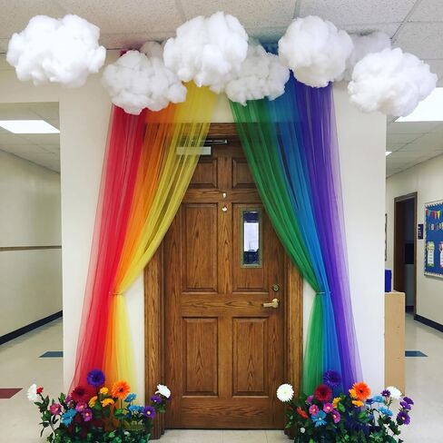 18 Pcs 51 x 63 Inch Rainbow Classroom Wall Decor Sheer Curtains with Clouds 3D Rainbow Curtain Hanging Decor Back to School Cloud Supply for First Day of School Chalkboard Wall Decorations in Kuwait