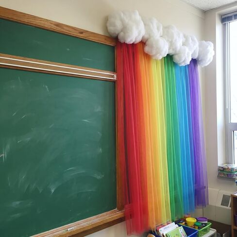 18 Pcs 51 x 63 Inch Rainbow Classroom Wall Decor Sheer Curtains with Clouds 3D Rainbow Curtain Hanging Decor Back to School Cloud Supply for First Day of School Chalkboard Wall Decorations in Kuwait