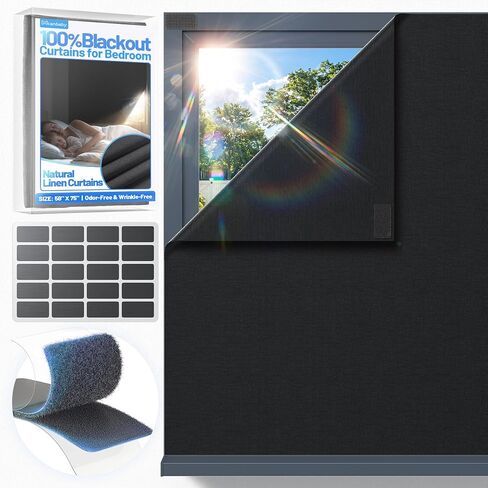 Linen Blackout Curtains for Bedroom Portable 75"×58" 100% Black Out Window Cover with Velcros, Temporary Blackout Shades Window Film Black-Out Blinds No Drill for Baby Nursery Travel Office RV-Blacks in Kuwait