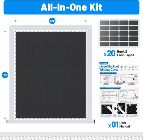 Linen Blackout Curtains for Bedroom Portable 75"×58" 100% Black Out Window Cover with Velcros, Temporary Blackout Shades Window Film Black-Out Blinds No Drill for Baby Nursery Travel Office RV-Blacks in Kuwait