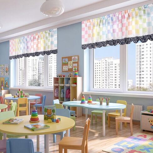 4 Pcs School Classroom Curtains Pastel Composition Checkered Classroom Valance Curtains 54" W x 18" L Back to School Checkered Curtain for First Day of Primary Playroom Room Decor in Kuwait