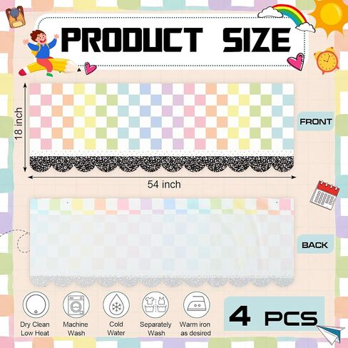 4 Pcs School Classroom Curtains Pastel Composition Checkered Classroom Valance Curtains 54" W x 18" L Back to School Checkered Curtain for First Day of Primary Playroom Room Decor in Kuwait
