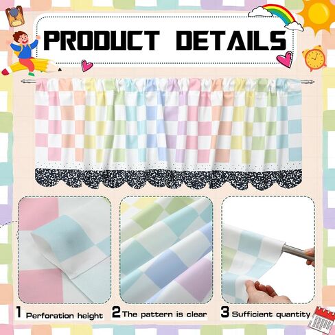 4 Pcs School Classroom Curtains Pastel Composition Checkered Classroom Valance Curtains 54" W x 18" L Back to School Checkered Curtain for First Day of Primary Playroom Room Decor in Kuwait