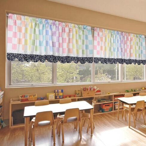4 Pcs School Classroom Curtains Pastel Composition Checkered Classroom Valance Curtains 54" W x 18" L Back to School Checkered Curtain for First Day of Primary Playroom Room Decor in Kuwait