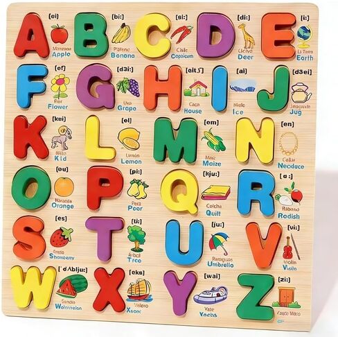 Wooden Letter Puzzle for Young Children, Colorful ABC Uppercase Letters | Natural Hardwood, Non-toxic Water-based Coating, cartoon images design, Preschool Children, Educational Toys, light weight in Kuwait