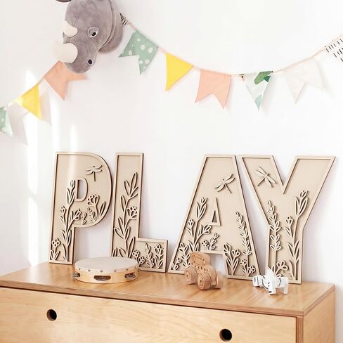 Mifoci 12 Inch Play Sign Wooden Letters Floral Playroom Sign Flowered Paintable Nursery Letters Play Room Wall Decor for Nursery Room Home Classroom Wall Art Craft in Kuwait