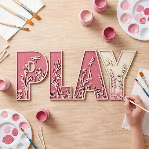 Mifoci 12 Inch Play Sign Wooden Letters Floral Playroom Sign Flowered Paintable Nursery Letters Play Room Wall Decor for Nursery Room Home Classroom Wall Art Craft in Kuwait