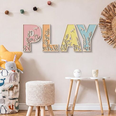 Mifoci 12 Inch Play Sign Wooden Letters Floral Playroom Sign Flowered Paintable Nursery Letters Play Room Wall Decor for Nursery Room Home Classroom Wall Art Craft in Kuwait