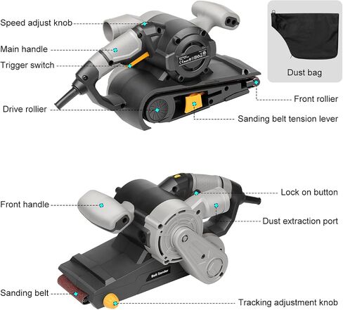 3×21-Inch Belt Sander,8 Amp Variable-speed 170-380RPM 12 Pcs Belts | Belt Sander with sanding belts (2*P40,2*P60, 2*P80, 2*P120, 2*P180, 2*P240) and Dust Bag in Kuwait