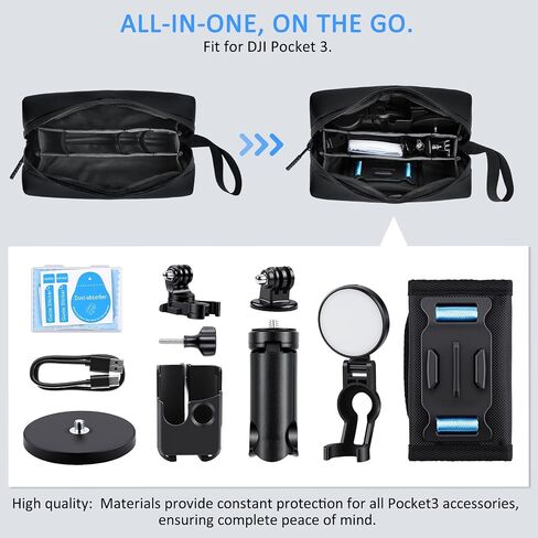 Accessories Kit Compatible with DJI Osmo Pocket 3/4/Xtra Muse, Creator Bundle with Mini Tripod, Fill Light, Magnetic Base, Backpack Clip, Frame Case, Screen & Lens Protector, Storage Bag in Kuwait