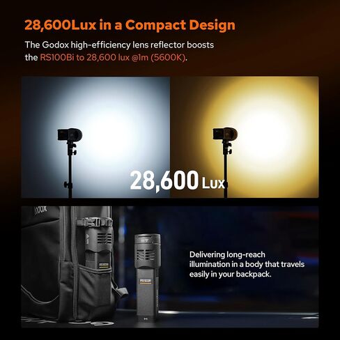 Godox RS100Bi LED Video Light,100Wh Bi-Color Outdoor LED Lighting,2800K–6500K Monolight with CCT/HSI/11FX Mode,CRI≈98,TLCI≈98,Support NFC/DMX/APP Control in Kuwait