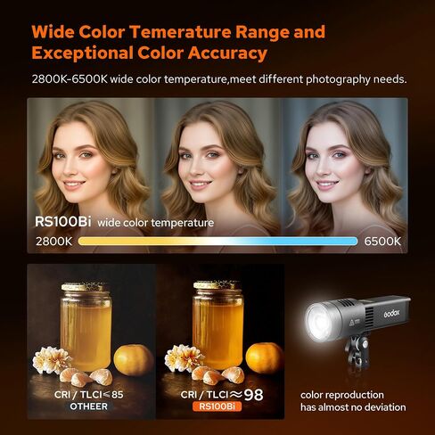 Godox RS100Bi LED Video Light,100Wh Bi-Color Outdoor LED Lighting,2800K–6500K Monolight with CCT/HSI/11FX Mode,CRI≈98,TLCI≈98,Support NFC/DMX/APP Control in Kuwait