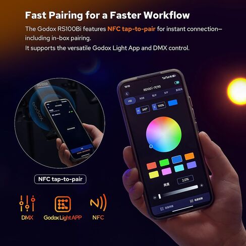 Godox RS100Bi LED Video Light,100Wh Bi-Color Outdoor LED Lighting,2800K–6500K Monolight with CCT/HSI/11FX Mode,CRI≈98,TLCI≈98,Support NFC/DMX/APP Control in Kuwait