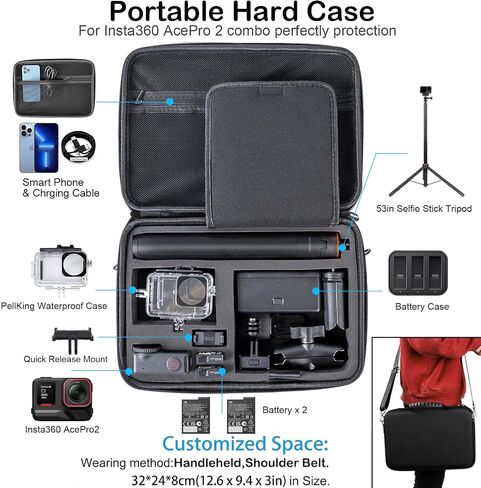 PellKing Accessories Kit for Insta360 AcePro2,Carrying Case with Belt 135cm Selfie Stick Tripod Waterproof Housing Boder Frame Magnetic Handlebar Mount Qucik Release Clip 4 in 1 Body Mount in Kuwait