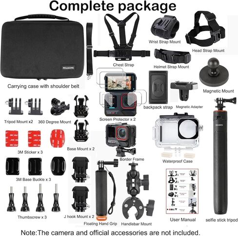 PellKing Accessories Kit for Insta360 AcePro2,Carrying Case with Belt 135cm Selfie Stick Tripod Waterproof Housing Boder Frame Magnetic Handlebar Mount Qucik Release Clip 4 in 1 Body Mount in Kuwait
