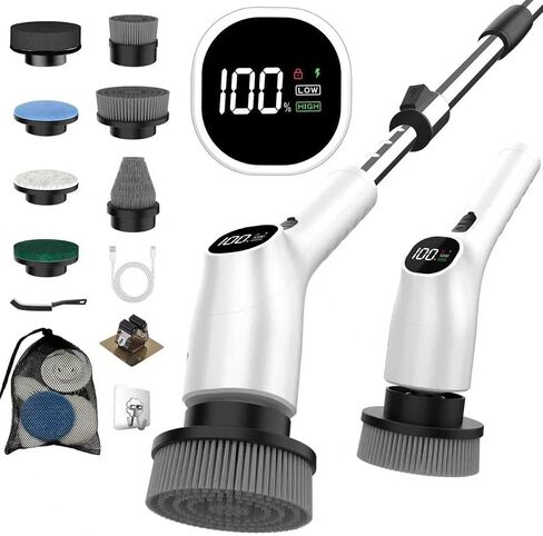 WKY-Electric Spin Scrubber - 10-in-1 Cordless Shower Scrubber & Cleaning Brush with Extendable Handle, 42 in-lbs Ultra High Torque, 2 Speeds, IPX7, LED Display, Smart AI Chip, for Bathroom, Kitchen in Kuwait