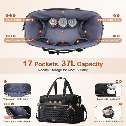 Lekesky Diaper Bag Tote, Large Diaper Bags Waterproof, Hospital Bag for Labor Delivery, Baby Bag with Pacifier Case, Travel Diaper Tote with Changing Pad, Black in Kuwait