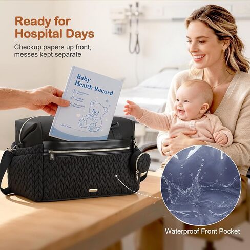Lekesky Diaper Bag Tote, Large Diaper Bags Waterproof, Hospital Bag for Labor Delivery, Baby Bag with Pacifier Case, Travel Diaper Tote with Changing Pad, Black in Kuwait