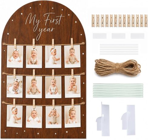 My First Year Photo Board, Large 12 Month Baby Milestone Display (Wood Look) with Stand & Wall Kit - First Birthday Party Decoration & Keepsake Gift in Kuwait