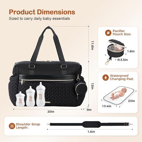Lekesky Diaper Bag Tote, Large Diaper Bags Waterproof, Hospital Bag for Labor Delivery, Baby Bag with Pacifier Case, Travel Diaper Tote with Changing Pad, Black in Kuwait