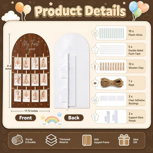My First Year Photo Board, Large 12 Month Baby Milestone Display (Wood Look) with Stand & Wall Kit - First Birthday Party Decoration & Keepsake Gift in Kuwait