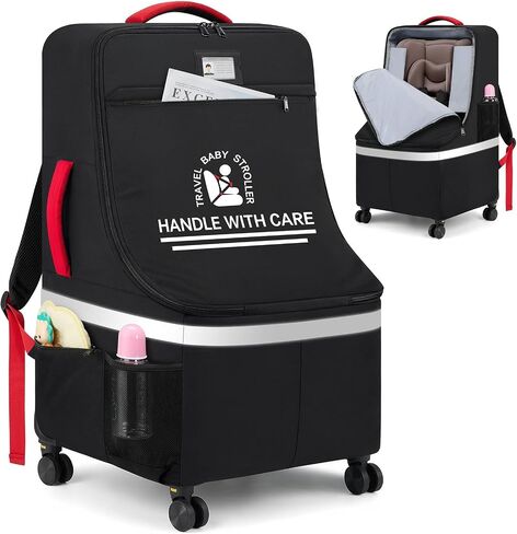 RAINSMORE Padded Car Seat Travel Bag for Airplane with Spinner Wheels, Heavy Duty Carseat Backpack for Air Travel Large Rolling Airport Gate Check Bags Fits Baby Car Seats & Boosters, Black in Kuwait