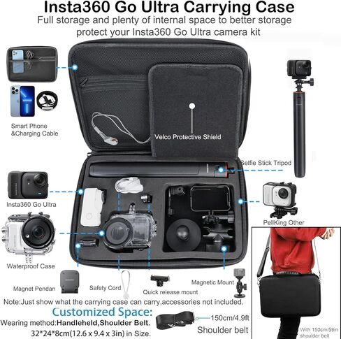 PellKing Accessories Kit for Insta360 Go Ultra,Carrying Case with Belt 53 in Selfie Stick Tripod Waterproof Housing Boder Frame Magnetic Handlebar Mount Qucik Release Clip 4 in 1 Body Mount in Saudi Arabia