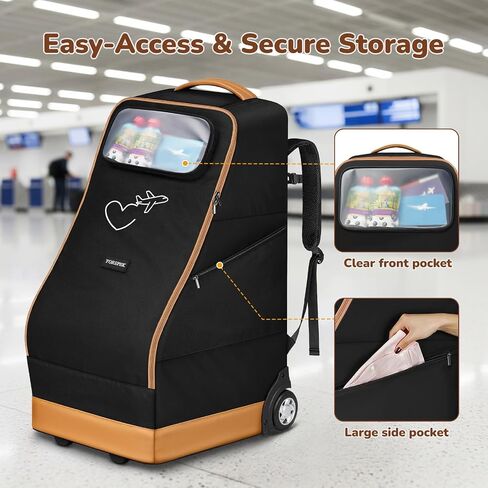 YOREPEK Foldable Car Seat Travel Bag for Airplane with 2 Wheels | Rolling Car Seat Carrier for Airport, 2 Pockets for Baby Essentials, Padded Carseat Bags for Air Travel, Backpack Straps in Kuwait
