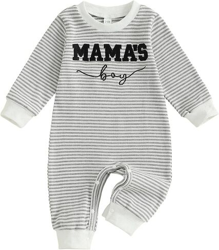 Newborn Baby Boy Fall Clothes Mamas Boy Letter Embroidery Long Sleeve Romper Waffle Stripe Winter Jumpsuit Oneise in Kuwait