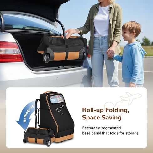 YOREPEK Foldable Car Seat Travel Bag for Airplane with 2 Wheels | Rolling Car Seat Carrier for Airport, 2 Pockets for Baby Essentials, Padded Carseat Bags for Air Travel, Backpack Straps in Kuwait