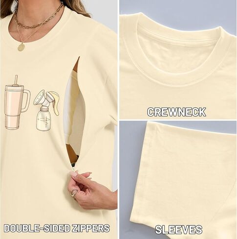 Nursing Shirts for Breastfeeding Zipper Maternity Shirts for Women Breast Feeding Friendly Shirt Cute Motherhood Top(Apricot,M) in Kuwait