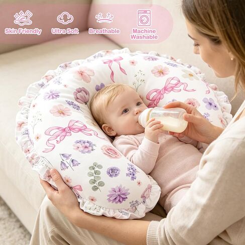Pea Pod Nursing Pillow Cover, Removable Stretchy Ruffled Pillowcase for Breastfeeding Pillows, Ultra Soft Breathable Pillow Slipcover for Baby Girls and Boys, Compatible with Boppy Pillow, Floral Bows in Kuwait
